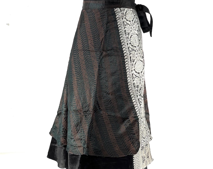 Pemberin Midi Wrap Skirt in Upcycled Heavy Vintage Silk Brocade Sari. (Two Layer A-Line Wrap Skirt)  SKU:2034-8432