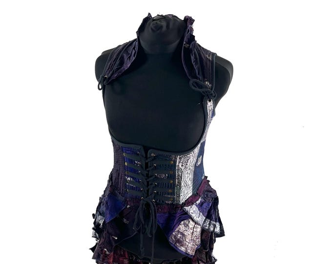 L Elisa Bustier Dress; Steampunk Under-bust Long Body Corset in Silk Brocade, (SKU:2004-10270)