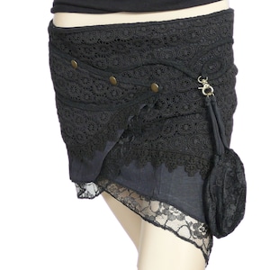 Mini Skirt, Pixie Yarra Wrap Skirt in Black Cotton with detachable purse; Gothic Short Skirt, Elven mini skirt.