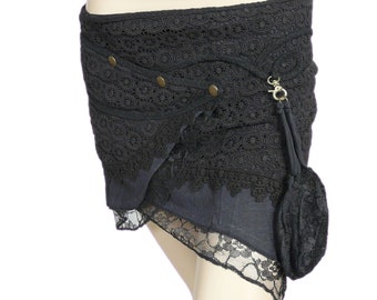 Mini Skirt, Pixie Yarra Wrap Skirt in Black Cotton with detachable purse