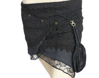 Mini Skirt, Pixie Yarra Wrap Skirt in Black Cotton with detachable purse; Gothic Short Skirt, Elven mini skirt.