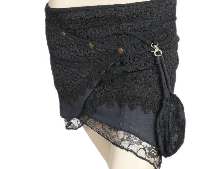 Mini Skirt, Pixie Yarra Wrap Skirt in Black Cotton with detachable purse