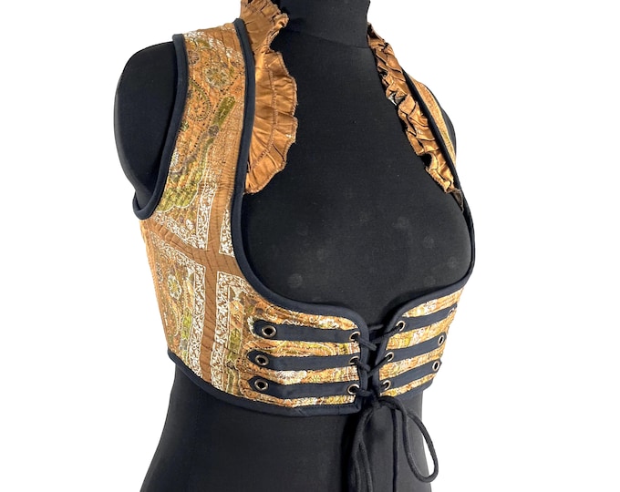 Underbust Corset Top; Ivy L Gold & Green steampunk vest handmade in Vintage Silk Brocade (SKU:2173-10122)
