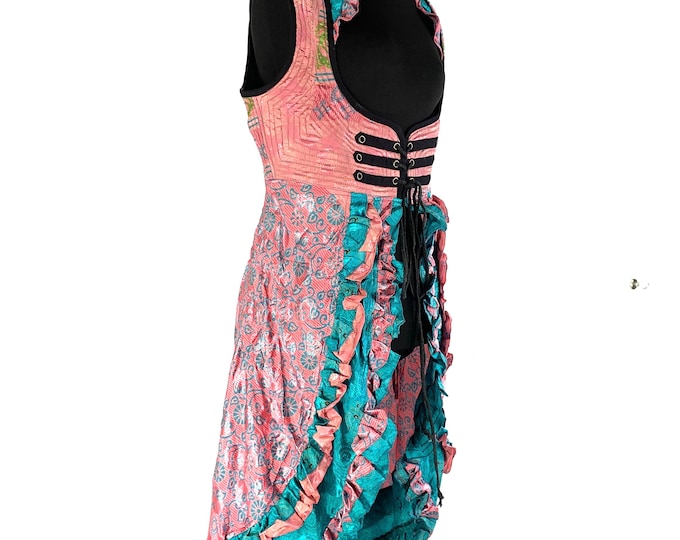 XL. Celeste Bustier Dress. Underbust Corset with adj tail length handmade Vintage Silk Steampunk Renaissance Dress SKU:982-5451