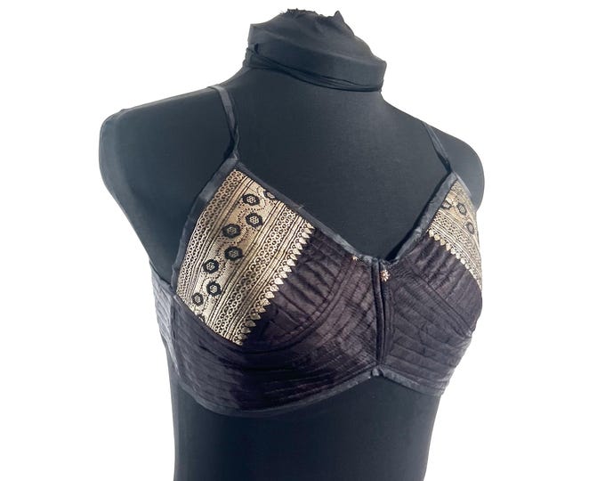 M Gia Cross Strap Bra Top, Handmade in Vintage Silk Brocade (SKU:2162-10051)