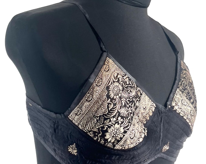 M Gia Cross Strap Bra Top, Handmade in Vintage Silk Brocade (SKU:2162-10043)