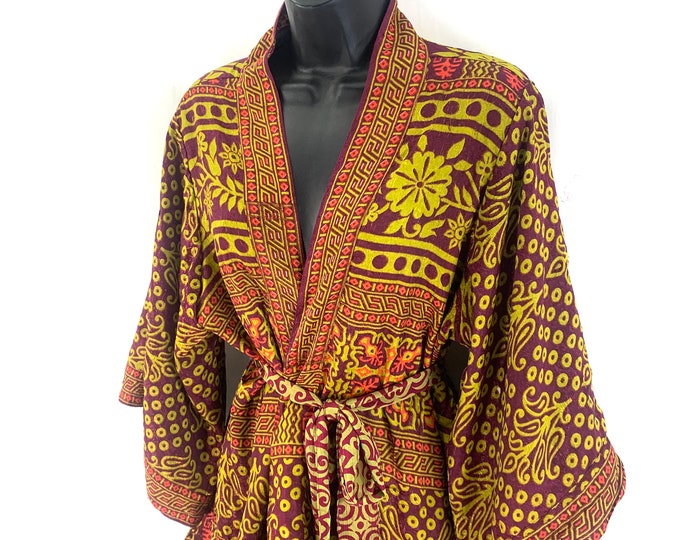 S/M. Luxury Reversible Silk Kimono Robe with deep pockets A perfect Dressing Gown, Bath Robe, Duster Jacket. SKU:725-3831