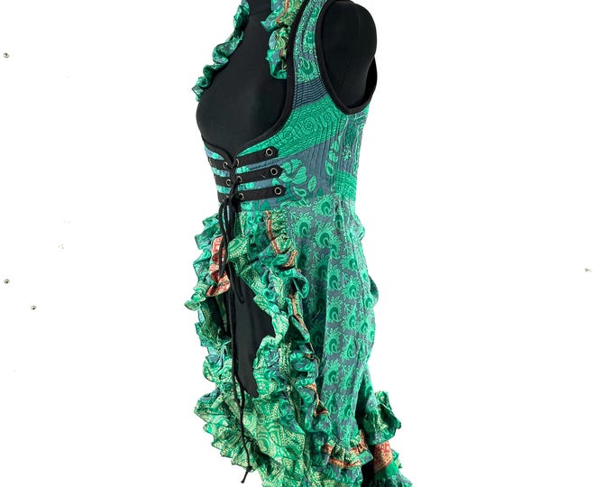 S.  Celeste Corset Dress with adjustable skirt in Vintage Silk. (Steampunk, Boho, Renaissance Style) SKU:980-9559