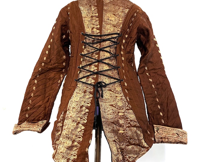 XL. Silk Brocade Tailcoat. Unisex & Unique, Fleece lined with brass poppers and pockets. Corsetage at back for adjustable sizing.