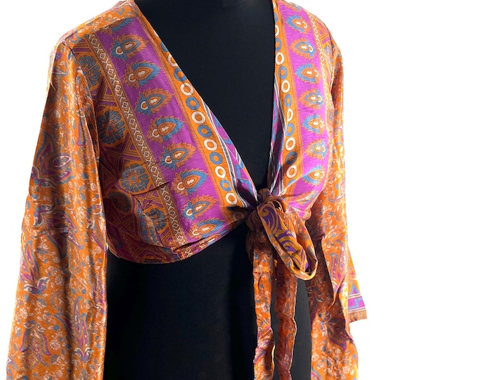 Joy Bell Sleeve Crop Top, Sari Summer Wrap, Handmade Silky, Light Hippy Style UK-L/XL (SKU:572-10326)
