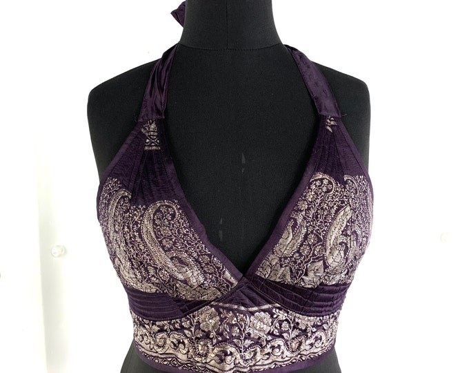 S/M. Phoenix Tribal Top, Silk Satin Brocade, Purple & Silver SKU:1020-1913
