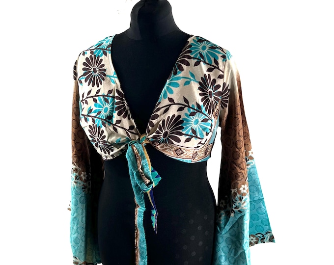 Joy Bell Sleeve Crop Top; Silky Sari Summer Wrap Top UK-M/L (SKU:571-10285)