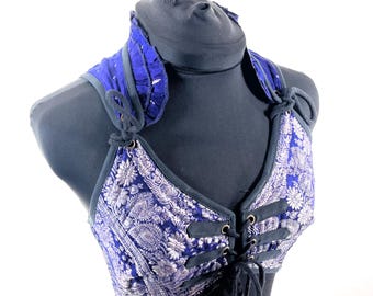 M. Fae Corset Top - Blue & Silver Bra Top - Vintage Silk Brocade  (SKU:3032-9745)