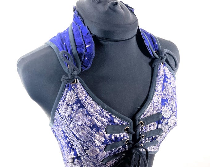 M. Fae Corset Top - Blue & Silver Bra Top - Vintage Silk Brocade  (SKU:3032-9745)