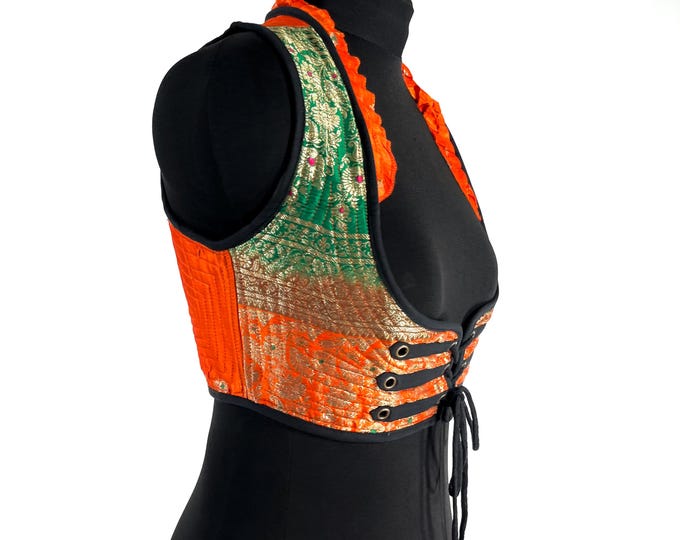 Underbust Corset Top; Ivy L Orange & Green steampunk vest handmade in Vintage Silk Brocade (SKU:2173-10129)