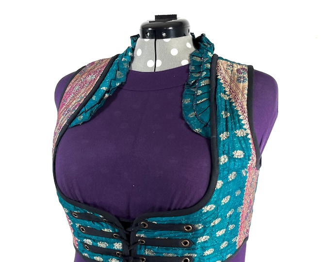 Underbust Corset Top; Ivy 4XL green & gold steampunk vest handmade in Vintage Silk Brocade (SKU:2177-10167)