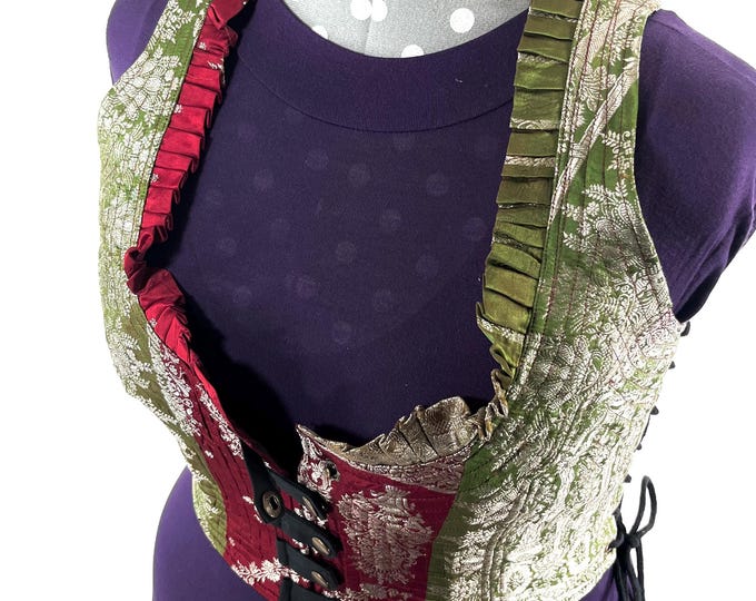 4XL. Mia Waistcoat; Boho Top - Green & Red - Vintage Silk Brocade  (SKU:2147-9727)