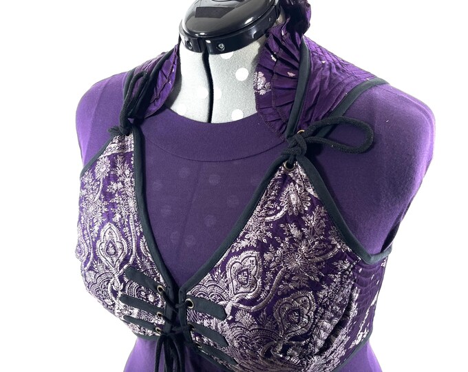 6XL. Fae Corset Top - Purple & Silver Bra Top - Vintage Silk Brocade  (SKU:3038-9808)