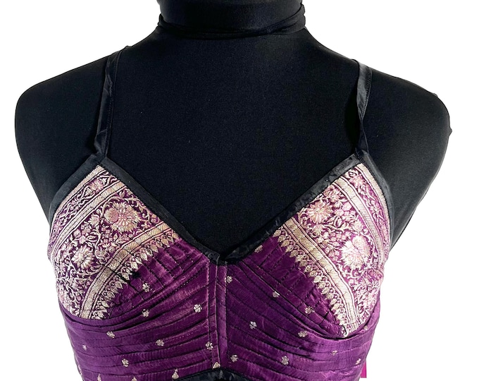 XS Gia Cross Strap Bra Top, Handmade in Vintage Silk Brocade (SKU:2160-10083)