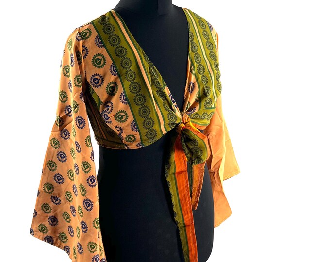 Joy Bell Sleeve Crop Top; Sari Summer Wrap Top, handmade, silky, light UK-M/L (SKU:571-10292)
