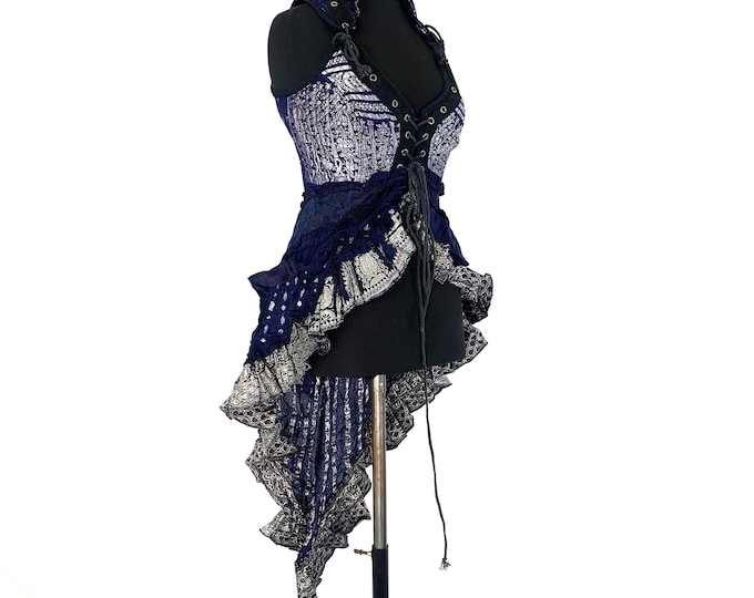 M. Sophia Steampunk Corset Dress with Hi-Low tiered skirt in Silk brocade,