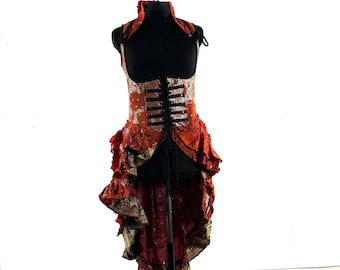 L Elisa Bustier Dress; Steampunk Under-bust Long Body Corset in Silk Brocade, (SKU:2004-10273)