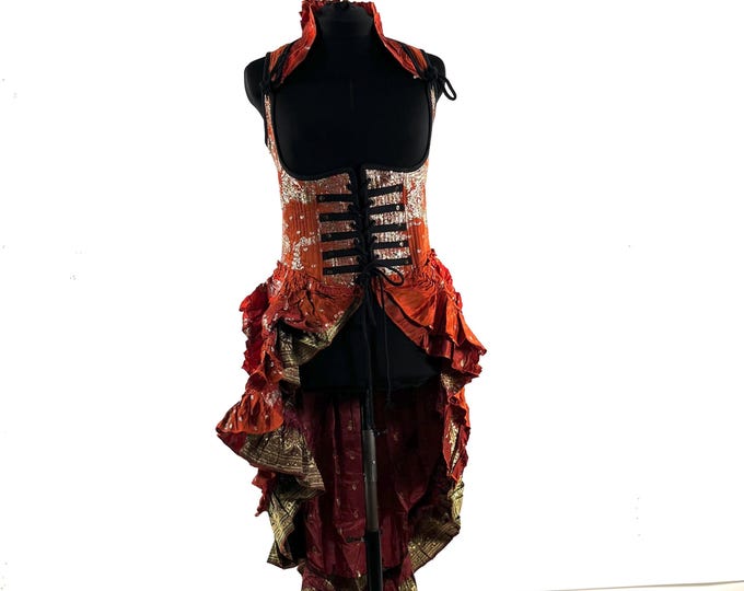 L Elisa Bustier Dress; Steampunk Under-bust Long Body Corset in Silk Brocade, (SKU:2004-10273)