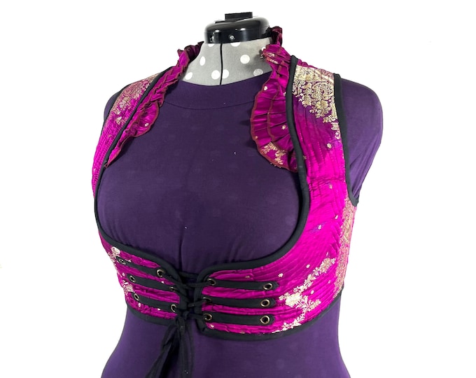 Underbust Corset Top; Ivy 4XL pink & silver steampunk vest handmade in Vintage Silk Brocade (SKU:2177-10169)
