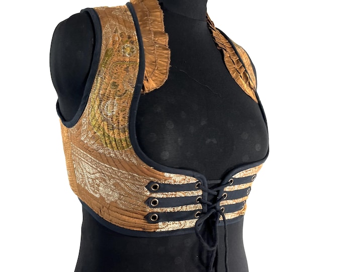 Underbust Corset Top; Ivy 3XL sand & gold steampunk vest handmade in Vintage Silk Brocade (SKU:2176-10156)