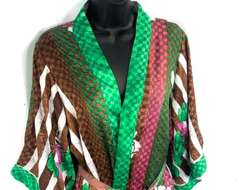 S/M. Luxury Reversible Silk Kimono Robe with deep pockets A perfect Dressing Gown, Bath Robe, Duster Jacket. SKU:725-1834