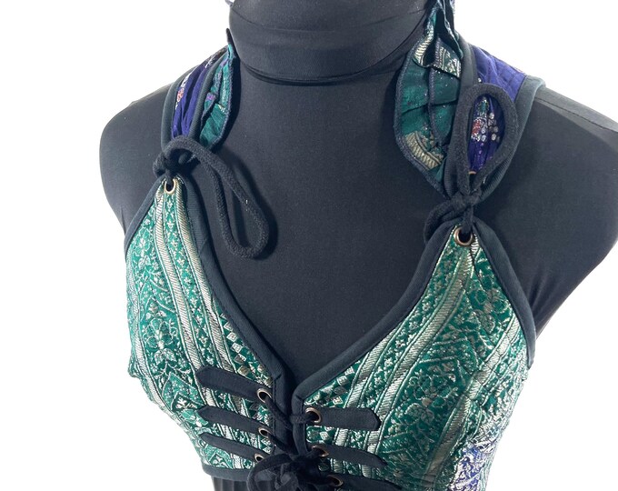 S. Fae Corset Top - Green Blue & Silver Bra Top - Vintage Silk Brocade  (SKU:3031-9756)
