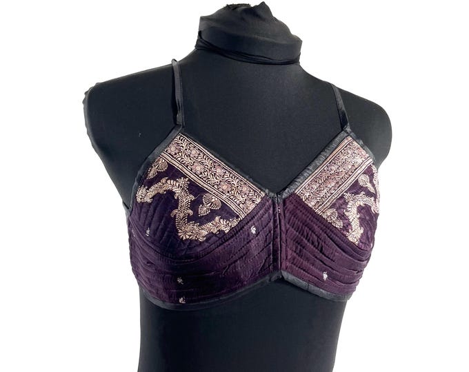 S Gia Cross Strap Bra Top, Handmade in Vintage Silk Brocade (SKU:2161-10070)