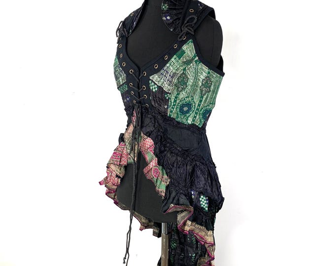 L Sophia Steampunk Corset Dress in Vintage Silk Brocade.  SKU:2000-5363