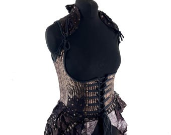 XL Elisa Bustier Dress; Steampunk Under-bust Long Body Corset in Silk Brocade, (SKU:2004-10243)
