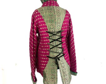 L. Pink Silk Brocade Tailcoat - Fleece Lined - Pirate Highwayman (SKU:549-1669)