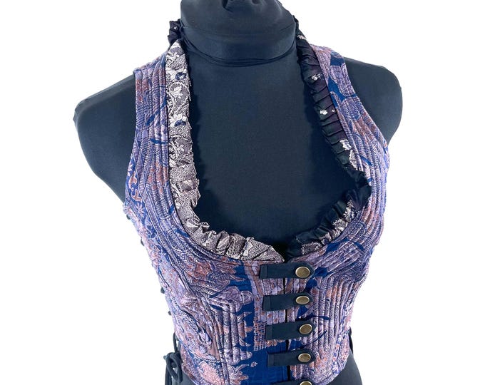 S. Mia Waistcoat; Boho Top - Blue & Silver - Vintage Silk Brocade  (SKU:2141-9656)