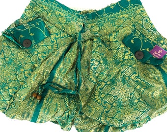 S/M. Goddess Pocket Shorts, Lined Hot Pants Gold & Green Shorts. SKU:1060-6528