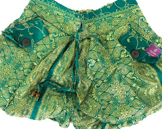 S/M. Goddess Pocket Shorts, Lined Hot Pants Gold & Green Shorts. SKU:1060-6528