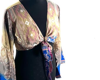 L/XL Joy Bell Sleeve Crop Top, Sari Summer Wrap, Handmade Silky, Light Hippy Style (SKU:572-10339)