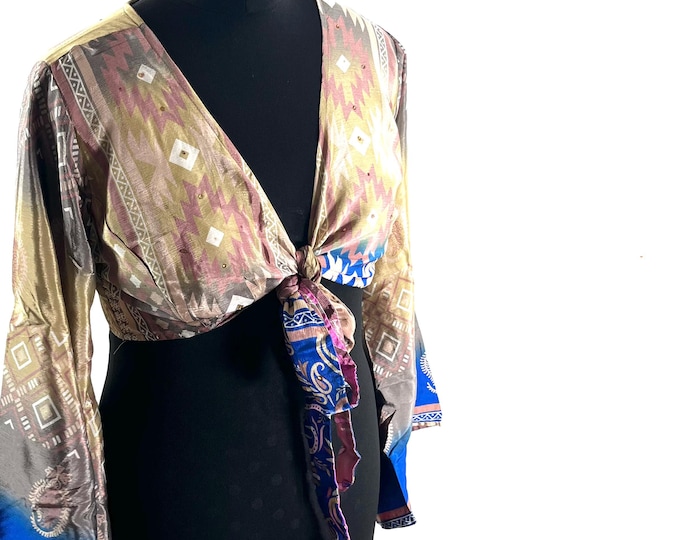 Joy Bell Sleeve Crop Top, Sari Summer Wrap, Handmade Silky, Light Hippy Style UK-L/XL (SKU:572-10339)