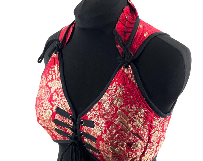 3XL. Fae Corset Top - Red & Silver Bra Top - Vintage Silk Brocade  (SKU:3036-9798)