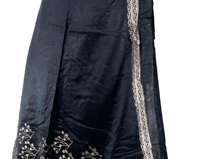 Pahala Maxi Wrap Skirt. Black Upcycled Vintage Heavy Silk Brocade Sari. One Layer A-Line Wrap Skirt SKU:2032-8475