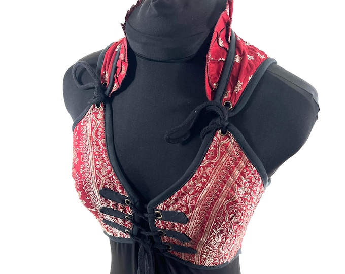 S. Fae Corset Top - Red & Gold Bra Top - Vintage Silk Brocade  (SKU:3031-9750)