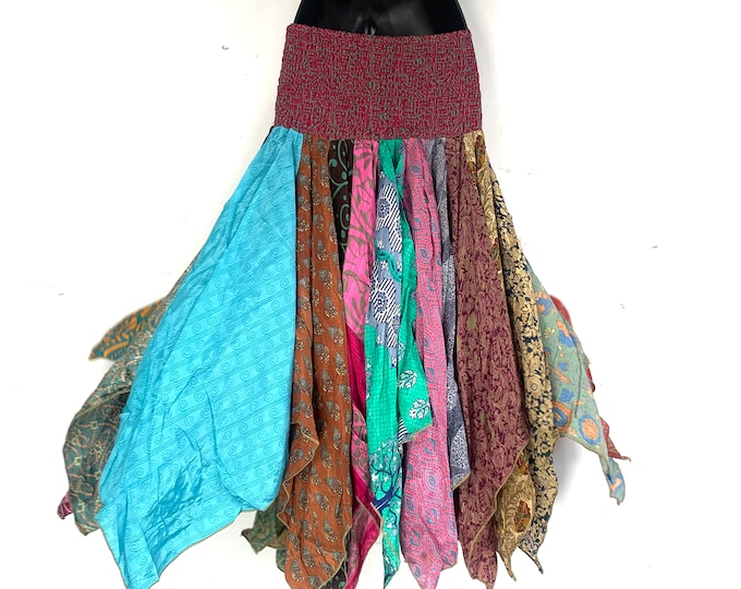 Billie Hippie Long Skirt; Patchwork Vintage Silk, Cottagecore Fairy Renfair(Harem style for comfortable fit)   SKU:747-5319