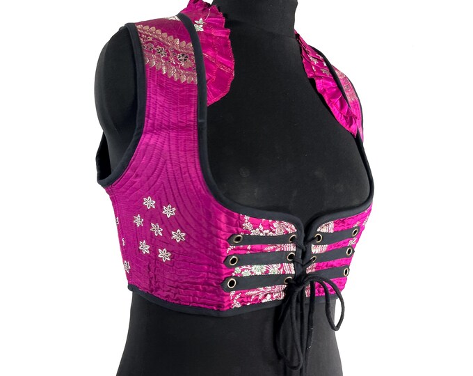 Underbust Corset Top; Ivy 2XL pink & silver steampunk vest handmade in Vintage Silk Brocade (SKU:2175-10145)