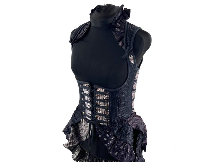 L Elisa Bustier Dress; Steampunk Under-bust Long Body Corset in Silk Brocade, (SKU:2004-10276)