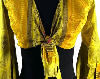 S/M Joy Bell Sleeve Crop Top, Sari Summer Wrap, Handmade Silky, Light Hippy Style (SKU:570-10308)