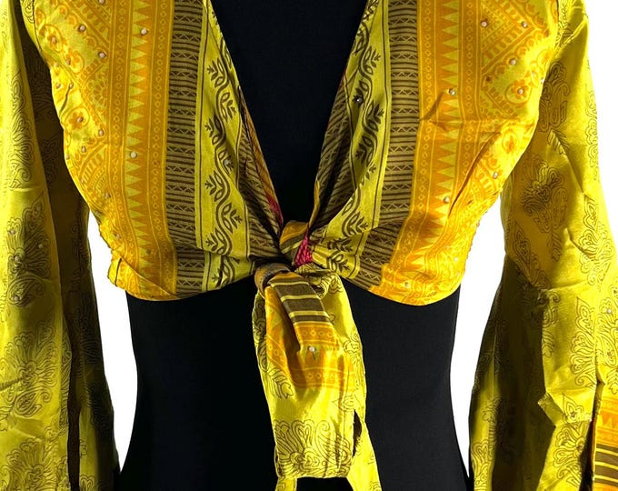 Joy Bell Sleeve Crop Top, Sari Summer Wrap, Handmade Silky, Light Hippy Style UK-S/M  (SKU:570-10308)