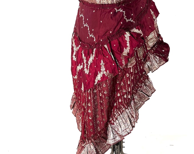 4XL. Sophia Corset Dress with Hi-Low tiered skirt in Silk brocade. Handmade Renaissance Festival Steampunk SKU:2000-8588
