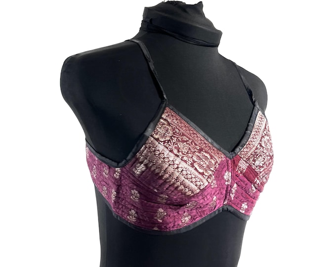 S Gia Cross Strap Bra Top, Handmade in Vintage Silk Brocade (SKU:2161-10074)